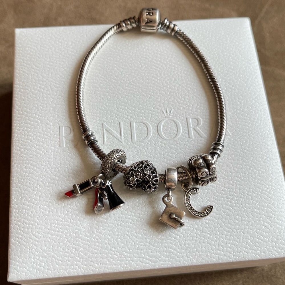Authentic Pandora Snake Bracelet W/ 5 Pandora Charm Gem